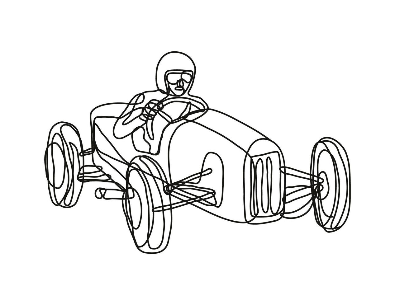 dibujo de línea continua de conductor de coche de carrera vintage vector