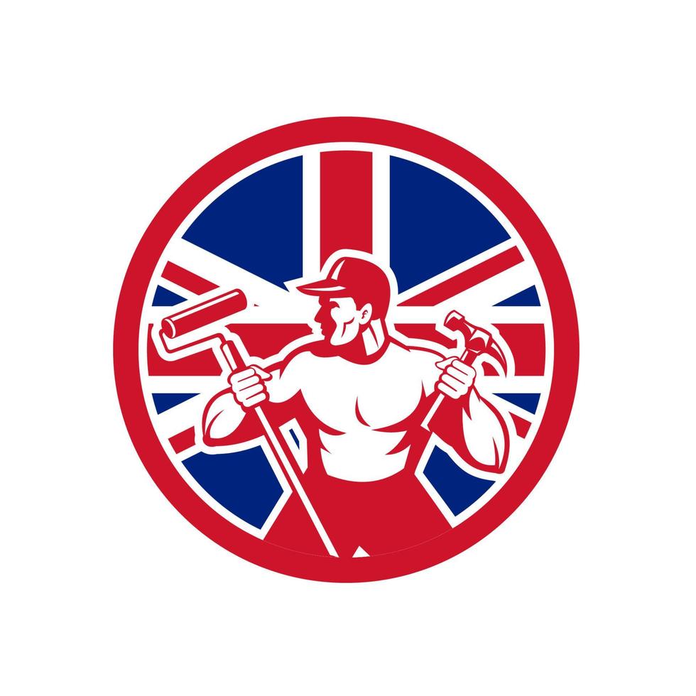 worker with paint roller and hammer UK FLAG mascot retro isolated vector