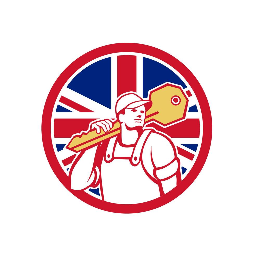 Cerrajero con llave debe mascota de bandera británica retro aislado vector