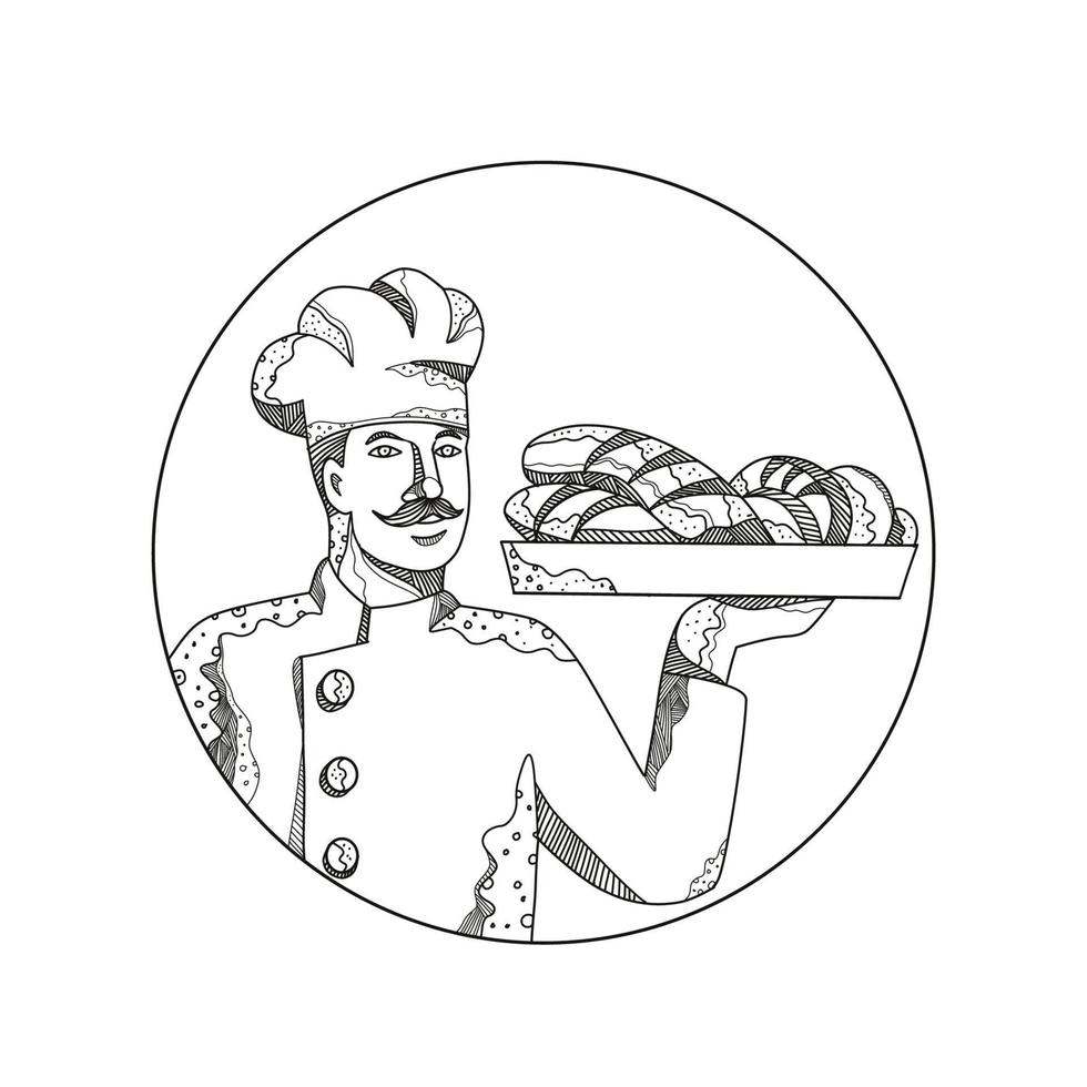 Baker holding bread plate doodle art isolated black and white vector