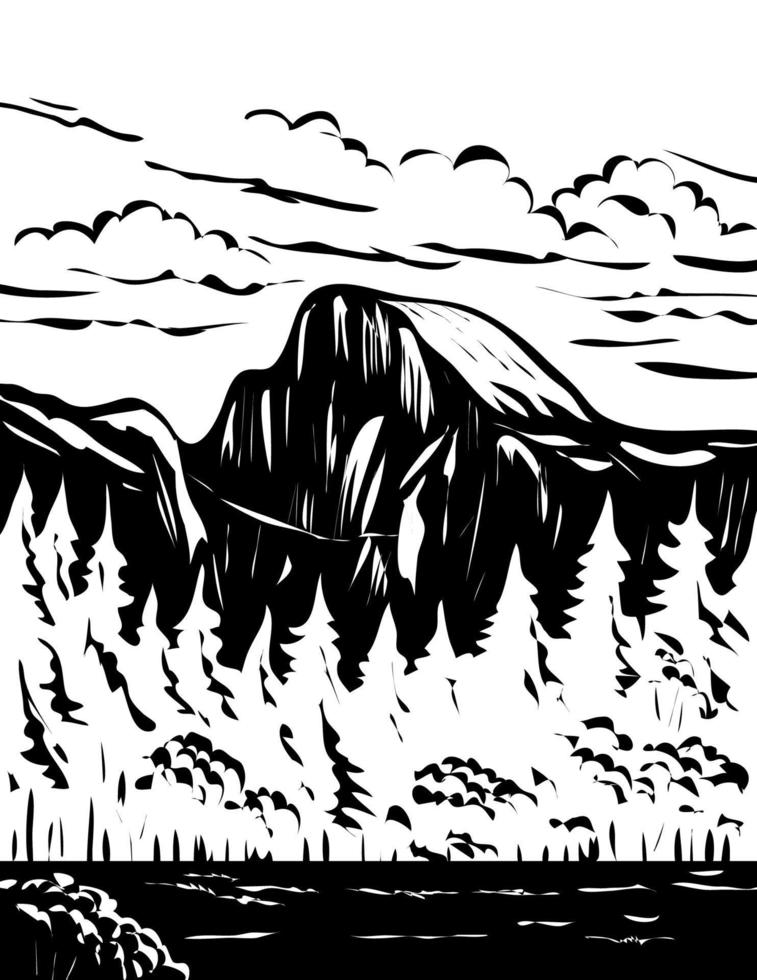 Half Dome at Eastern End of Yosemite Valley in Yosemite National Park USA WPA Black and White Art vector