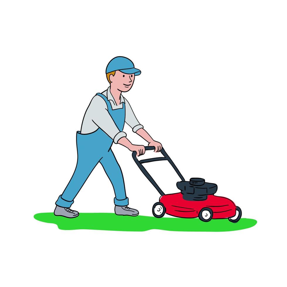 gardener mowing lawnmower cartoon vector