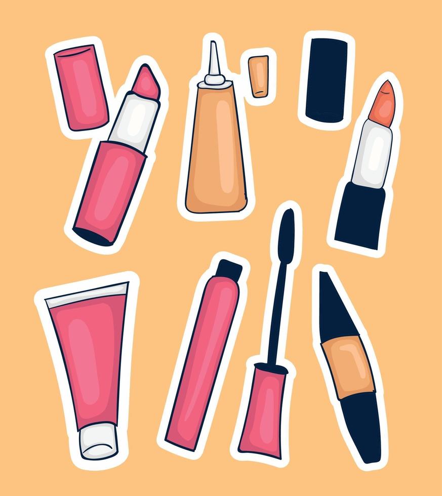 conjunto de coloridas herramientas de maquillaje dibujadas a mano vector