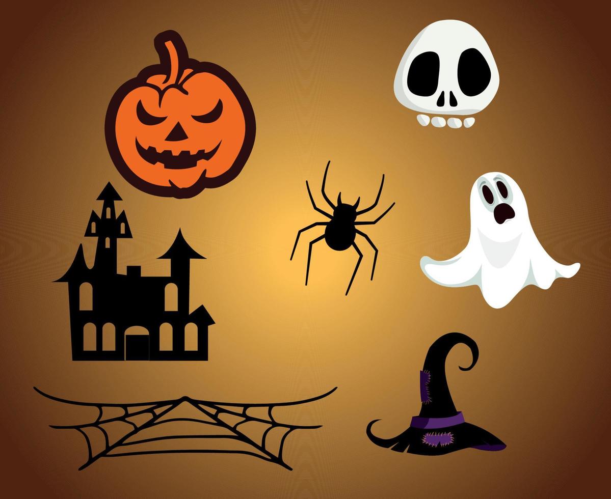 Resumen de objetos de halloween fantasma vector calabaza truco o trato con castillo de araña