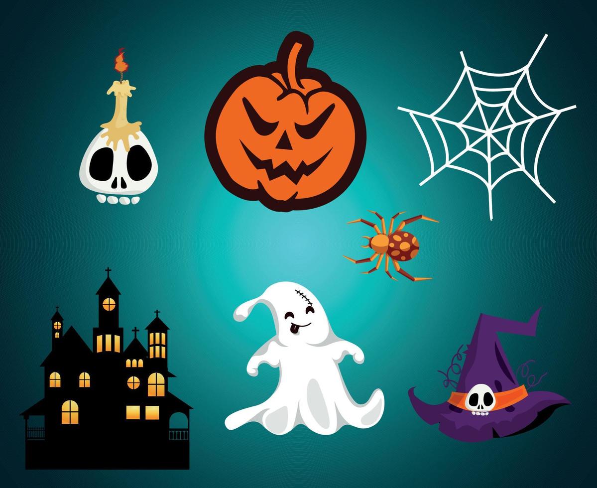 Abstract Halloween Background Vector Pumpkin Trick Objects Ghost with Spider castle