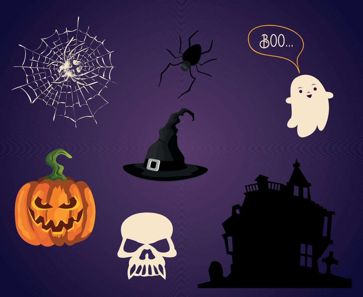 objetos halloween fondo vector calabaza truco o trato con castillo de araña y abucheo fantasma