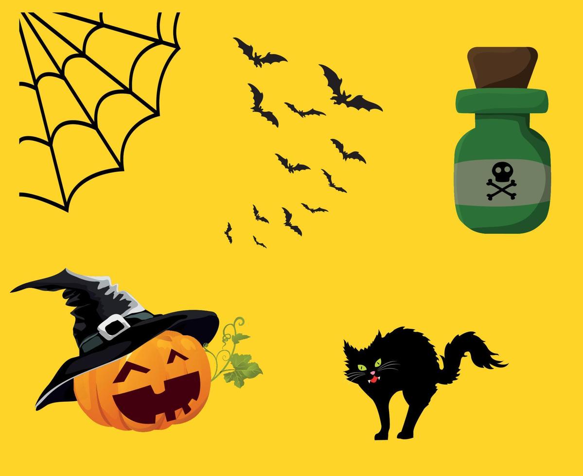 Objects Halloween Background Vector Pumpkin Cat with Spider and Bat