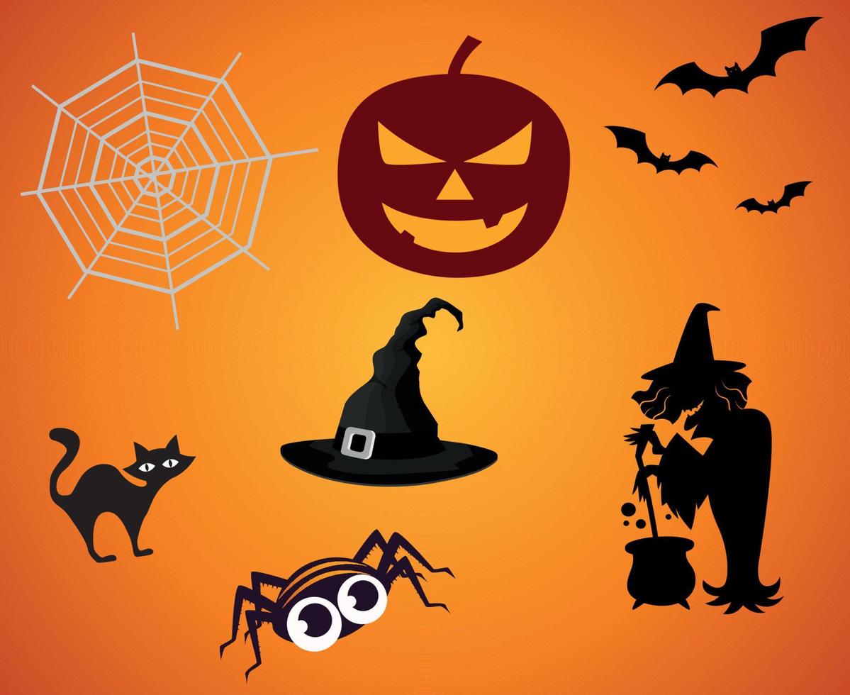 Abstract Pumpkin Orange Halloween Day 31 October Objects Spider Design with Cat Bat Black vector