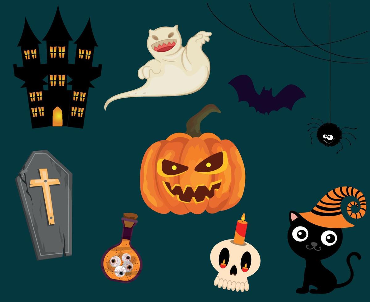 Abstract Halloween Bat Objects Cat Ghost Tomb Vector Pumpkin Trick Or Treat with Spider castle
