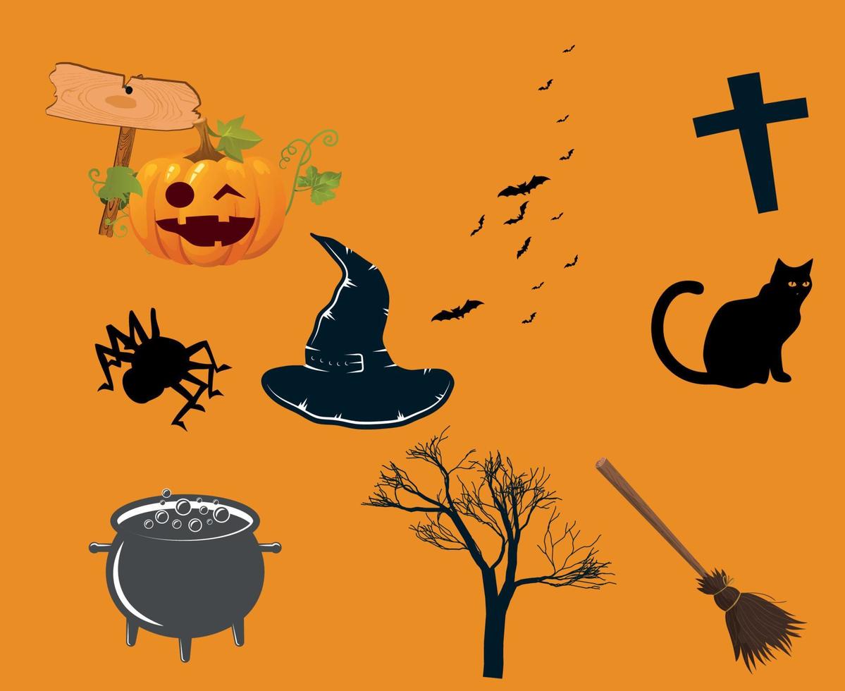 Abstract Trick Or Treat Happy Halloween Pumpkin Horror Spider Objects cat Bat Vector