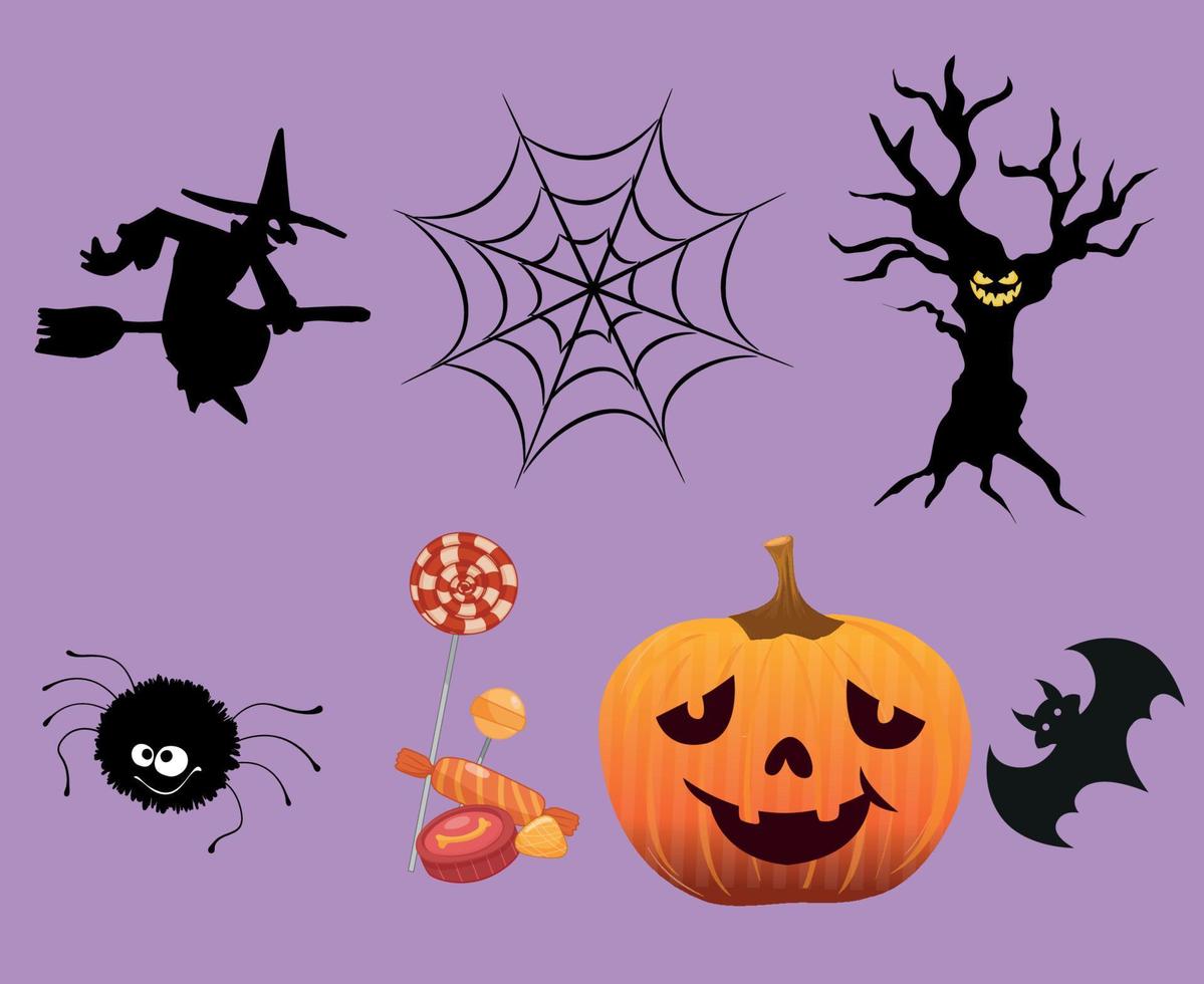 Objects Happy Halloween Pumpkin Horror Spider Tree and candy Holiday Vector