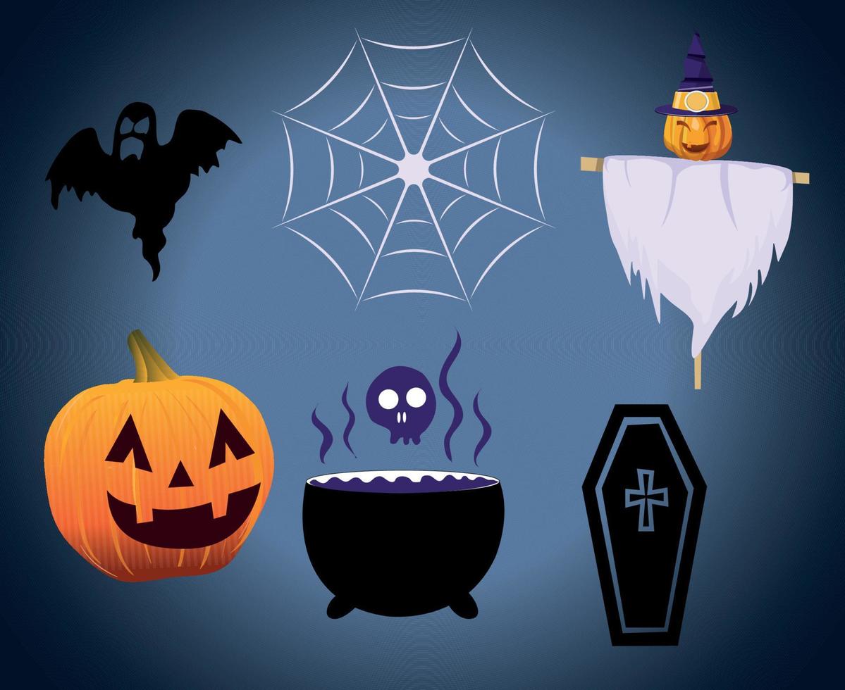 objetos abstractos fantasma feliz halloween calabaza horror tumba araña vacaciones vector