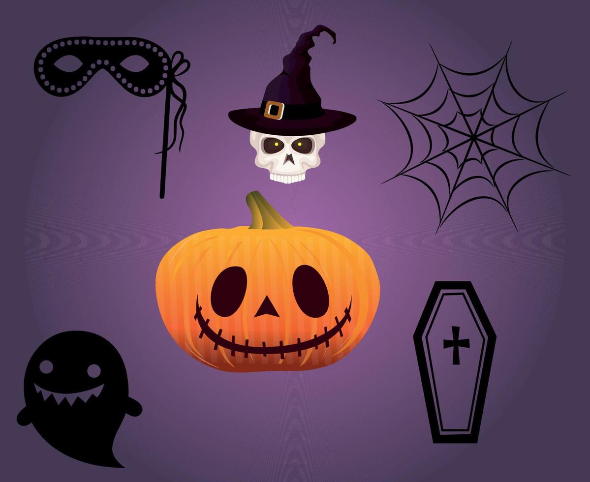 Abstract Trick Or Treat Objects Halloween Pumpkin Horror Spider Ghost and Tomb Holiday Vector