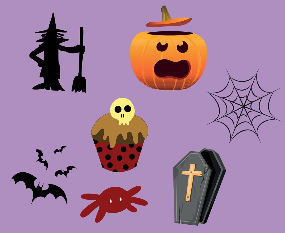 Abstract Pumpkin Objects Halloween Day 31 October Party Design with  Candy Spider Bat Black and Tomb vector