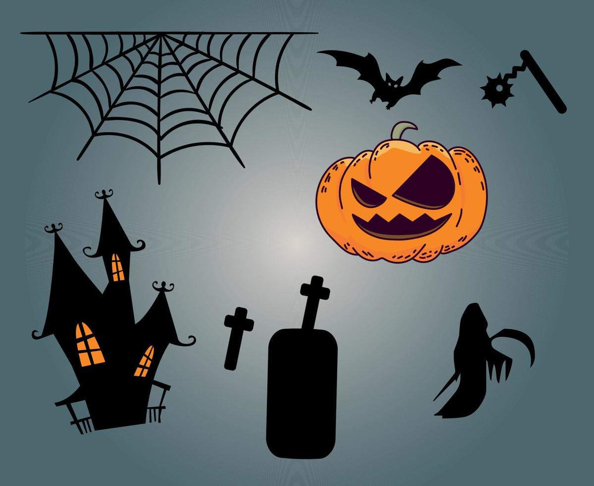 Design Halloween Day 31 October Objects Tomb Illustration Spider and bat Pumpkin Vector