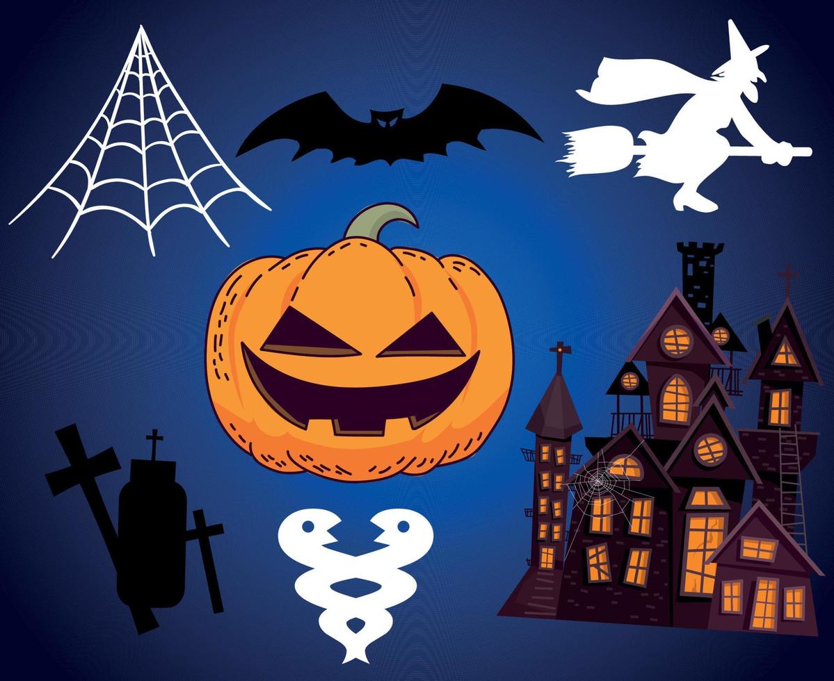 diseño abstracto día de halloween 31 de octubre objetos murciélago araña y tumba ilustración oscura vector de calabaza