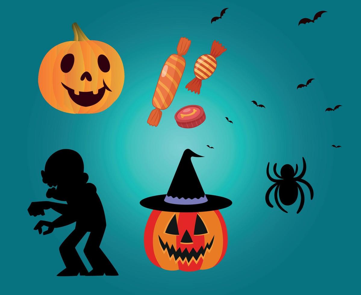 Resumen truco o trato feliz halloween objetos dulces tumba calabaza horror araña vacaciones vector