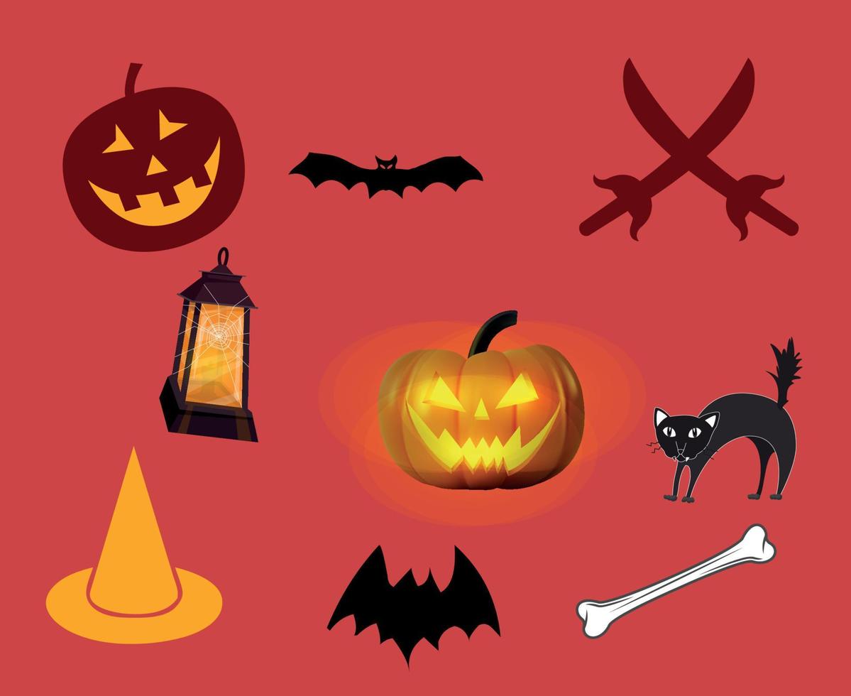 Abstract Design Halloween Day 31 October Event Dark Objects Cat Bat Pumpkin Vector