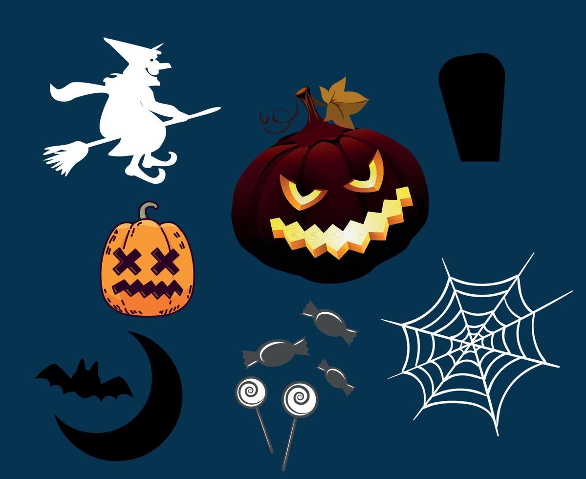 objetos diseño halloween día 31 de octubre tumba de araña evento oscuro ilustración calabaza vector