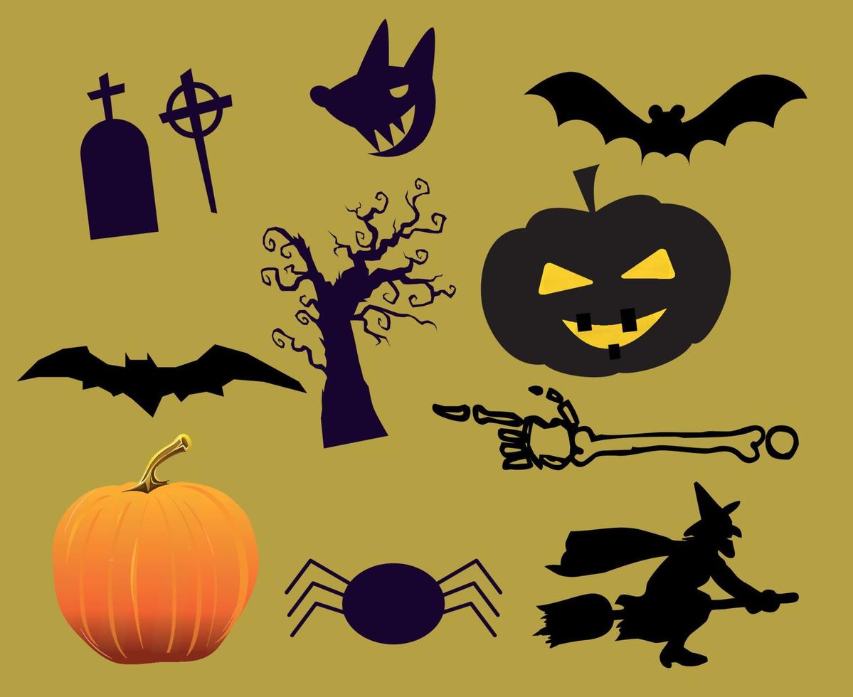 diseño de objetos halloween día 31 de octubre evento murciélago tumba e ilustración de araña vector de calabaza
