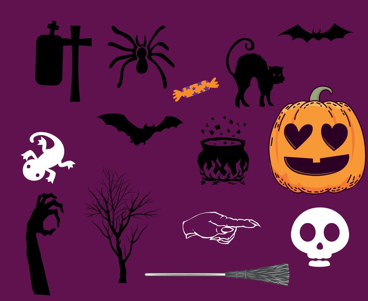objetos feliz halloween vector de vacaciones con tumba de murciélago y araña gato fantasma