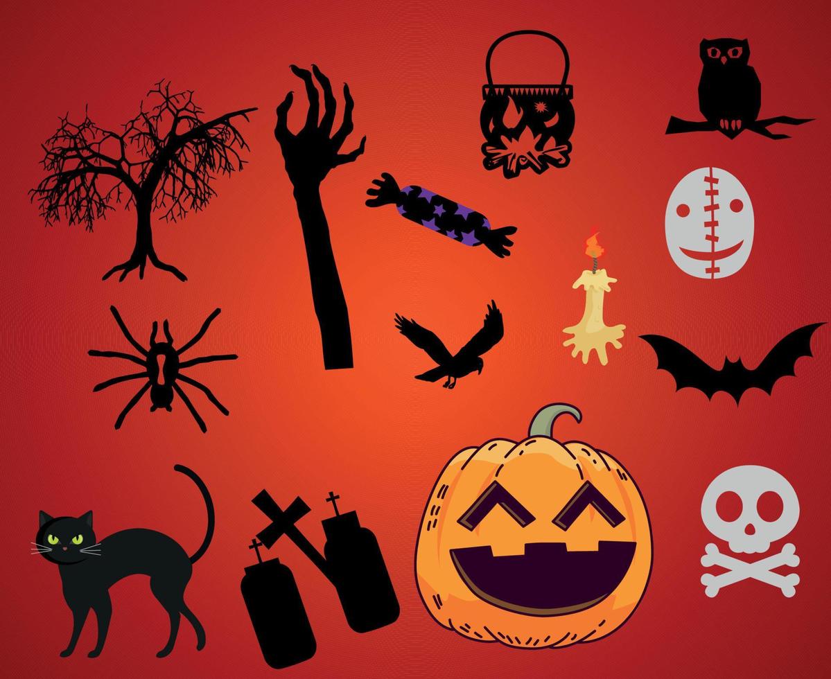 Objects Happy Halloween Holiday Vector Trick Or Treat with Bat Tree Tomb and Ghost