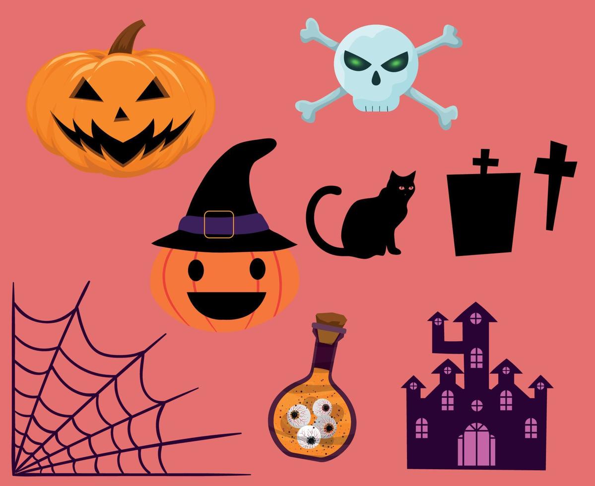 Objects Happy Halloween Holiday Vector Trick Or Treat with Bat Cat Tomb Housse  and Spider