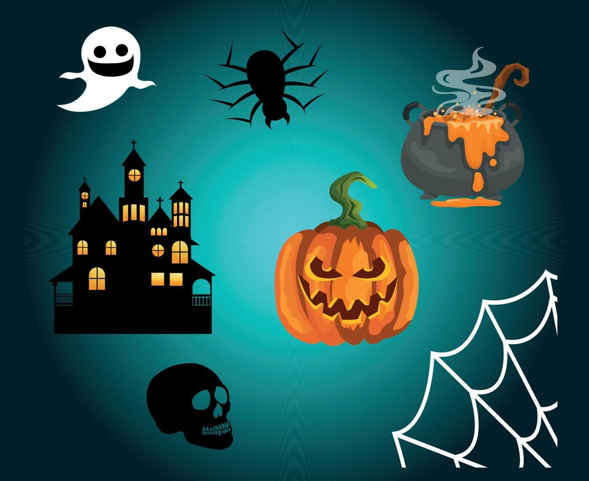 objetos feliz halloween vacaciones vector truco o trato con murciélago fantasma y araña