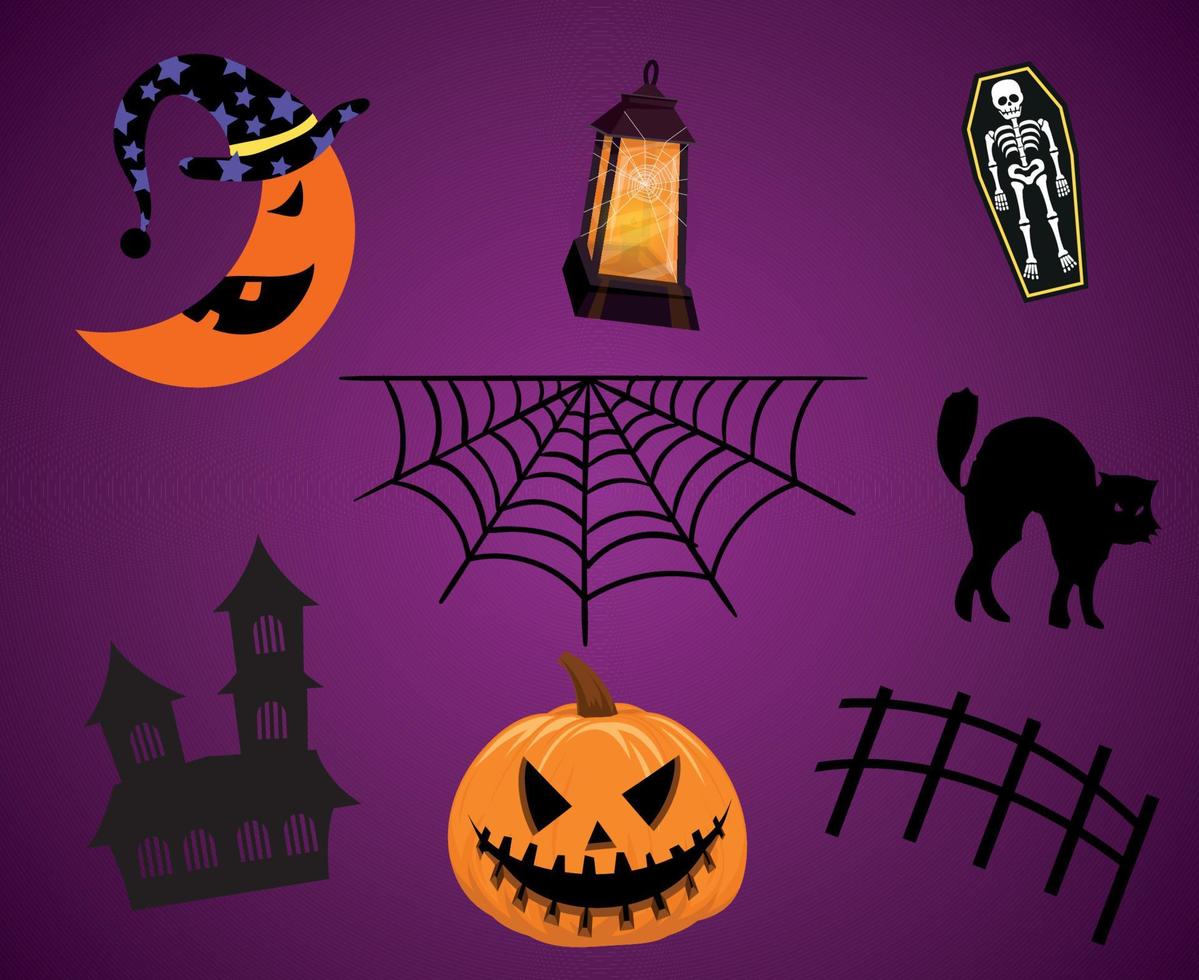 Resumen feliz halloween objetos vector de vacaciones truco o trato con murciélago gato araña tumba y fantasma