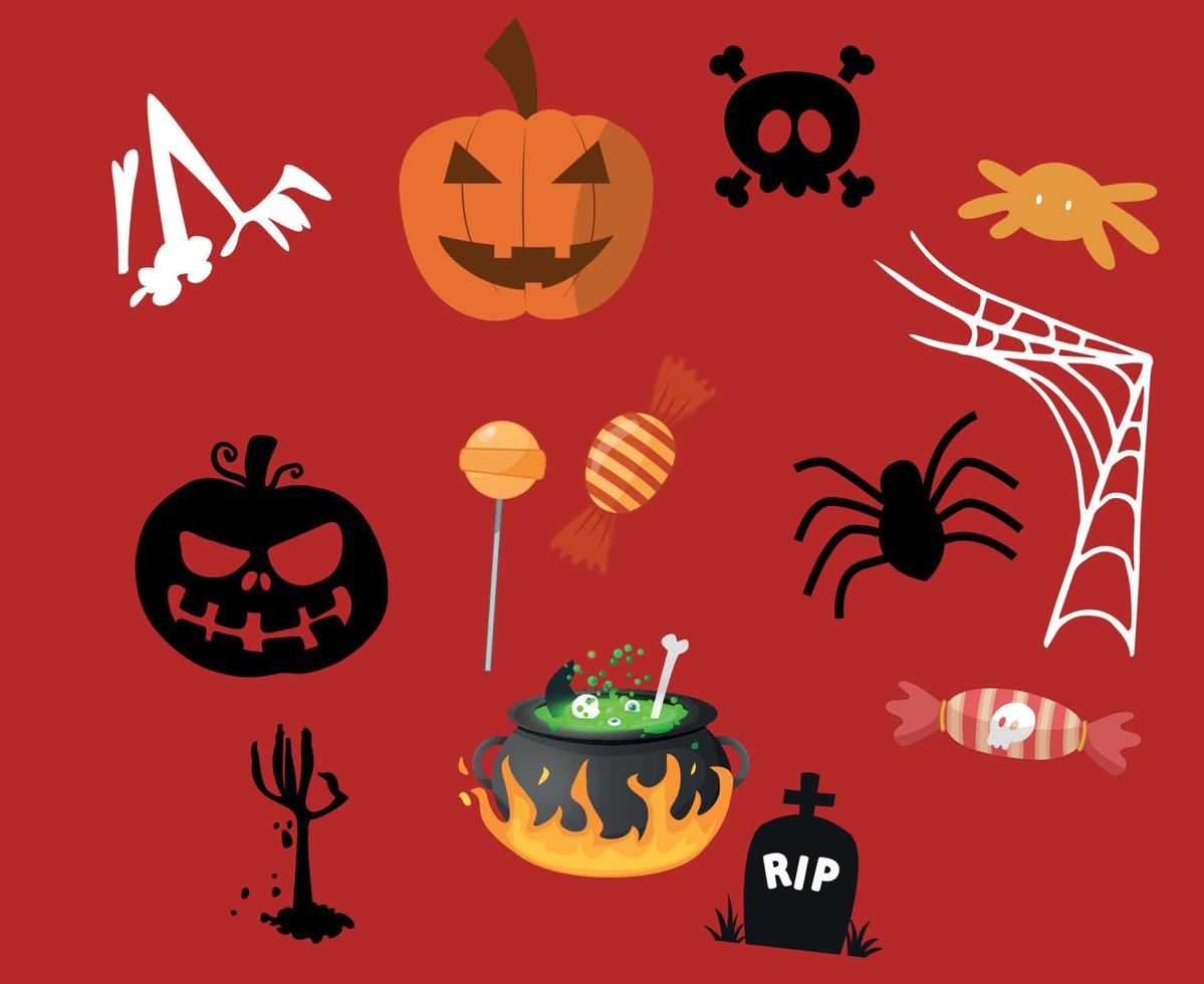 Fondo abstracto feliz halloween objetos 31 de octubre con caramelo tumba calabaza naranja y vector de araña