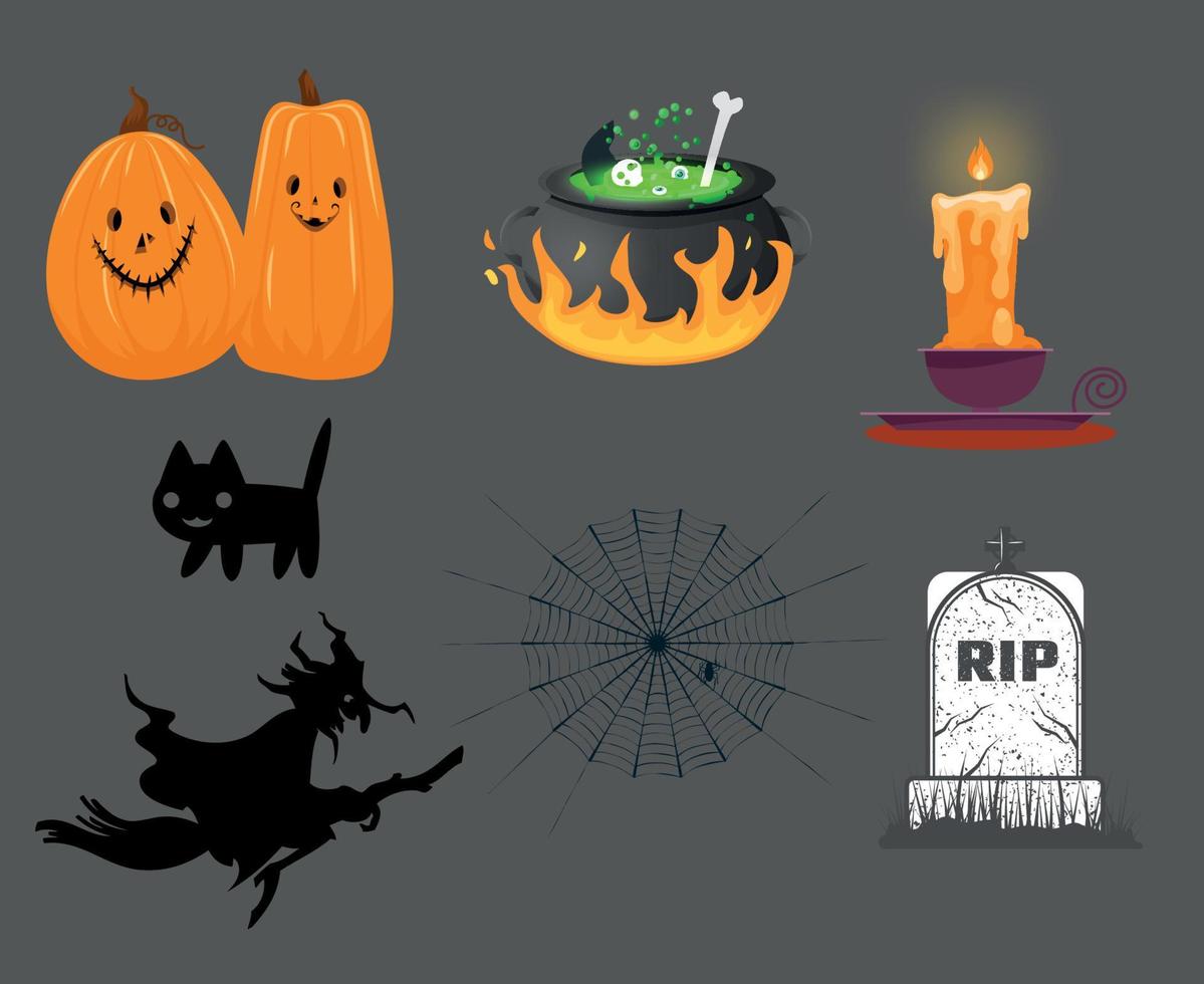 Objects 31 October Halloween Spider tomb rip and Cat Holiday Design Party Pumpkin Orange Spooky Darkness vector