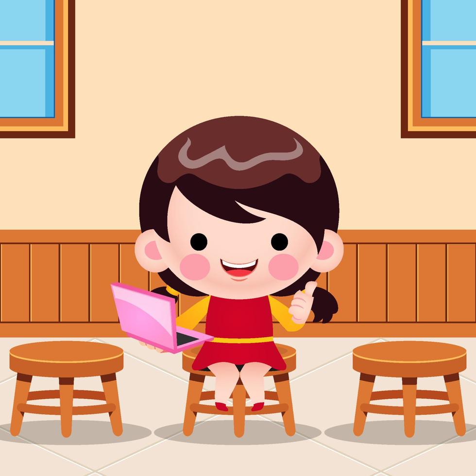 Cute Little Girl Holding Laptop In Classroom vector