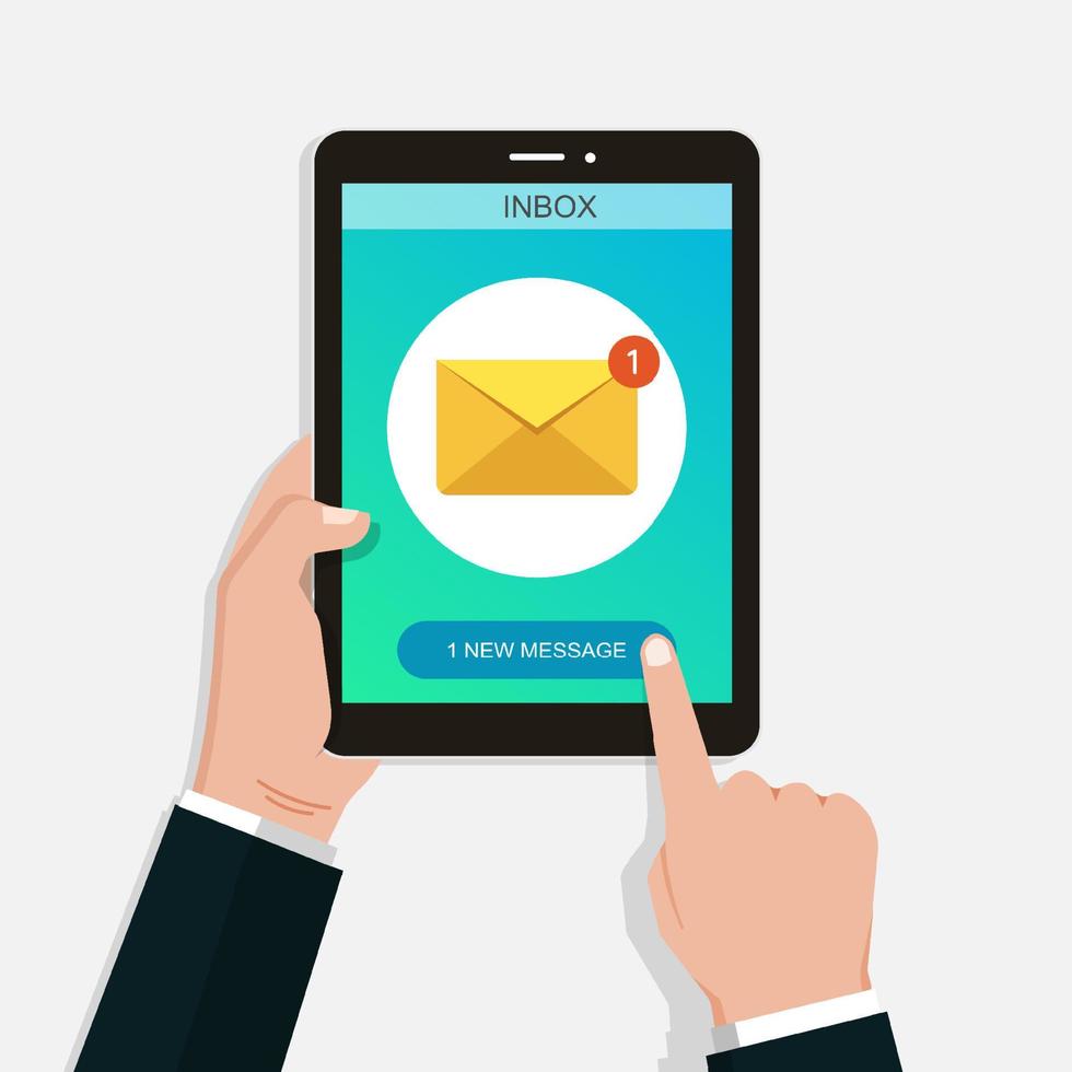 Hand holding tablet with new email on tablet screen, email concept vector