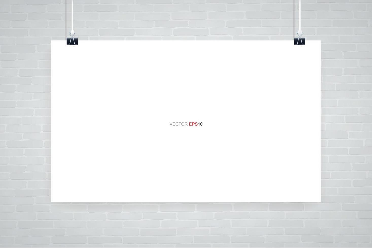 Blank white poster hanging on white brick wall. Vector. vector