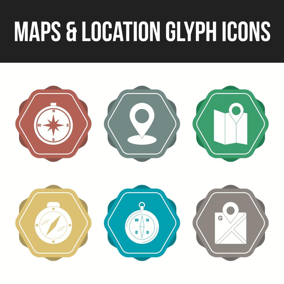 hermosos mapas y conjunto de iconos de glifo de ubicación vector