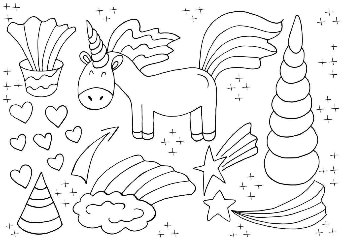 Set of unicorn design elements in hand draw style. Girly fairy collection vector