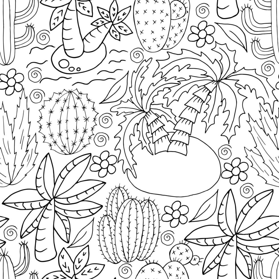 Seamless botanical illustration. Tropical pattern of different cacti, aloe vector