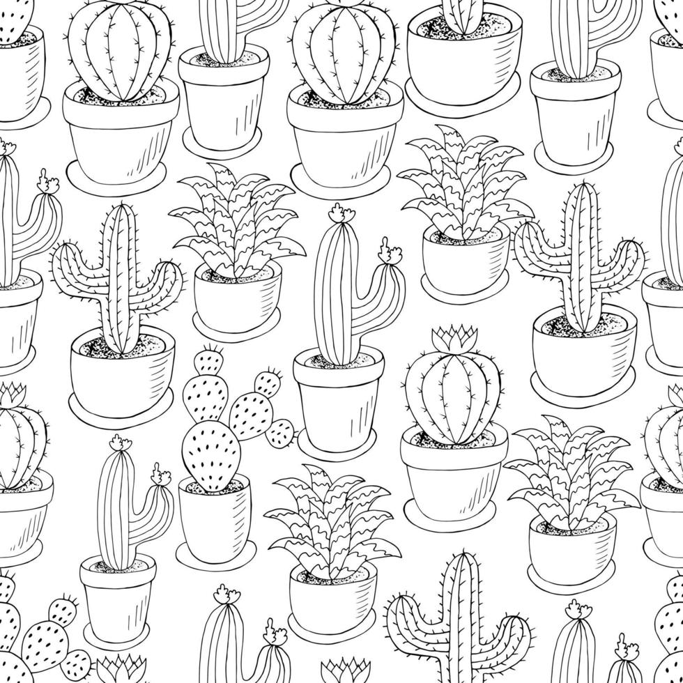 Seamless botanical illustration. Tropical pattern of different cacti, aloe vector