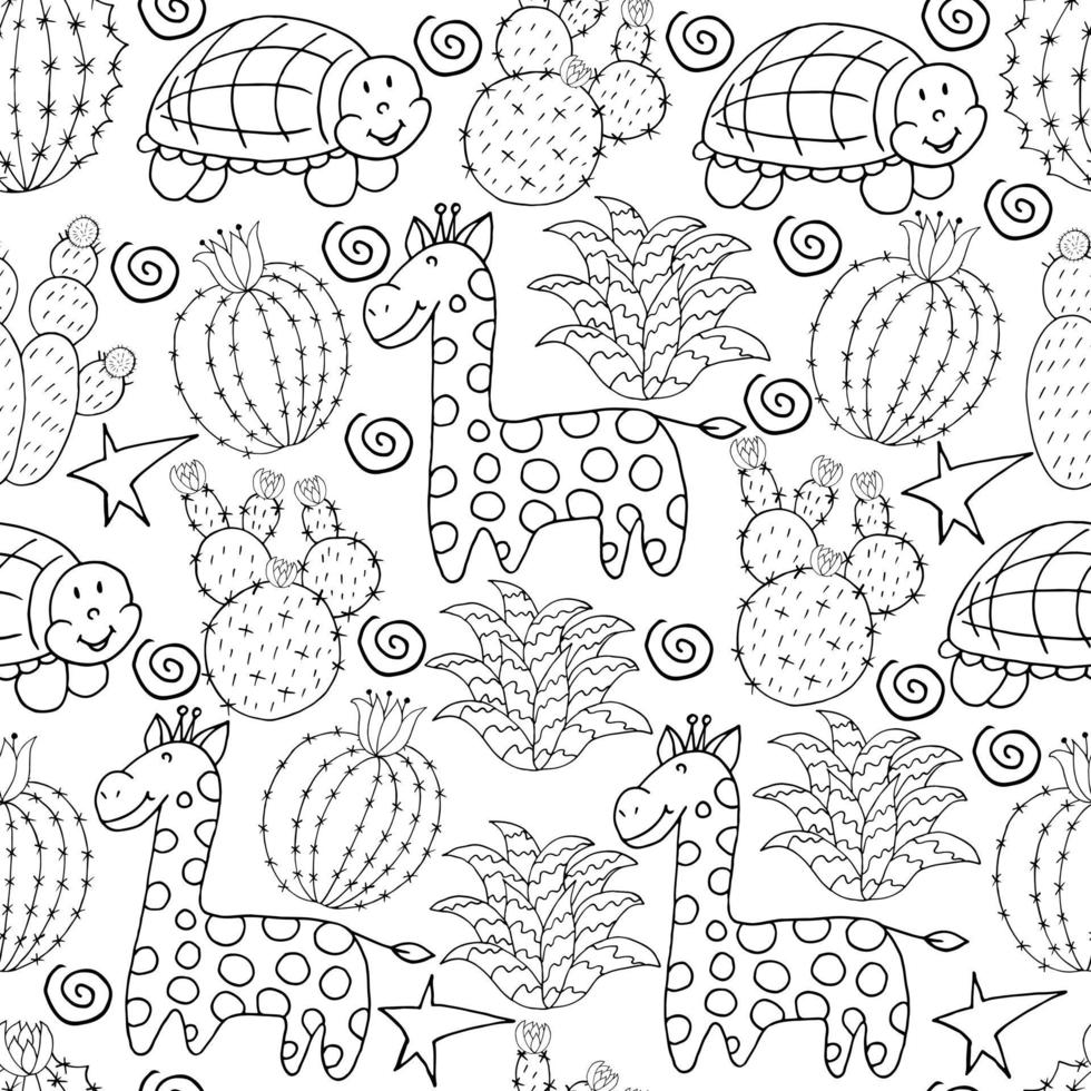 Seamless botanical illustration. Tropical pattern of different cacti, aloe vector