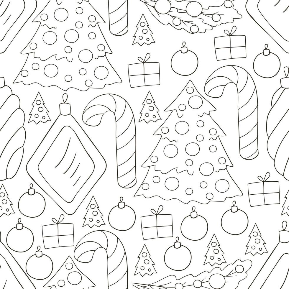 Coloring Pattern in hand draw style. Seamless vector pattern with Christmas tree decorations