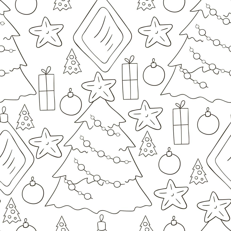 Coloring Pattern in hand draw style. Seamless vector pattern with Christmas tree decorations