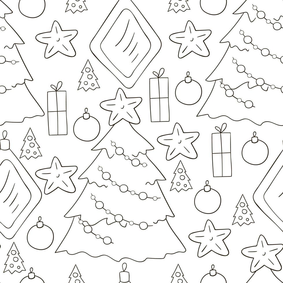 patrón de coloración en estilo de dibujo a mano. patrón de vector transparente con adornos para árboles de Navidad