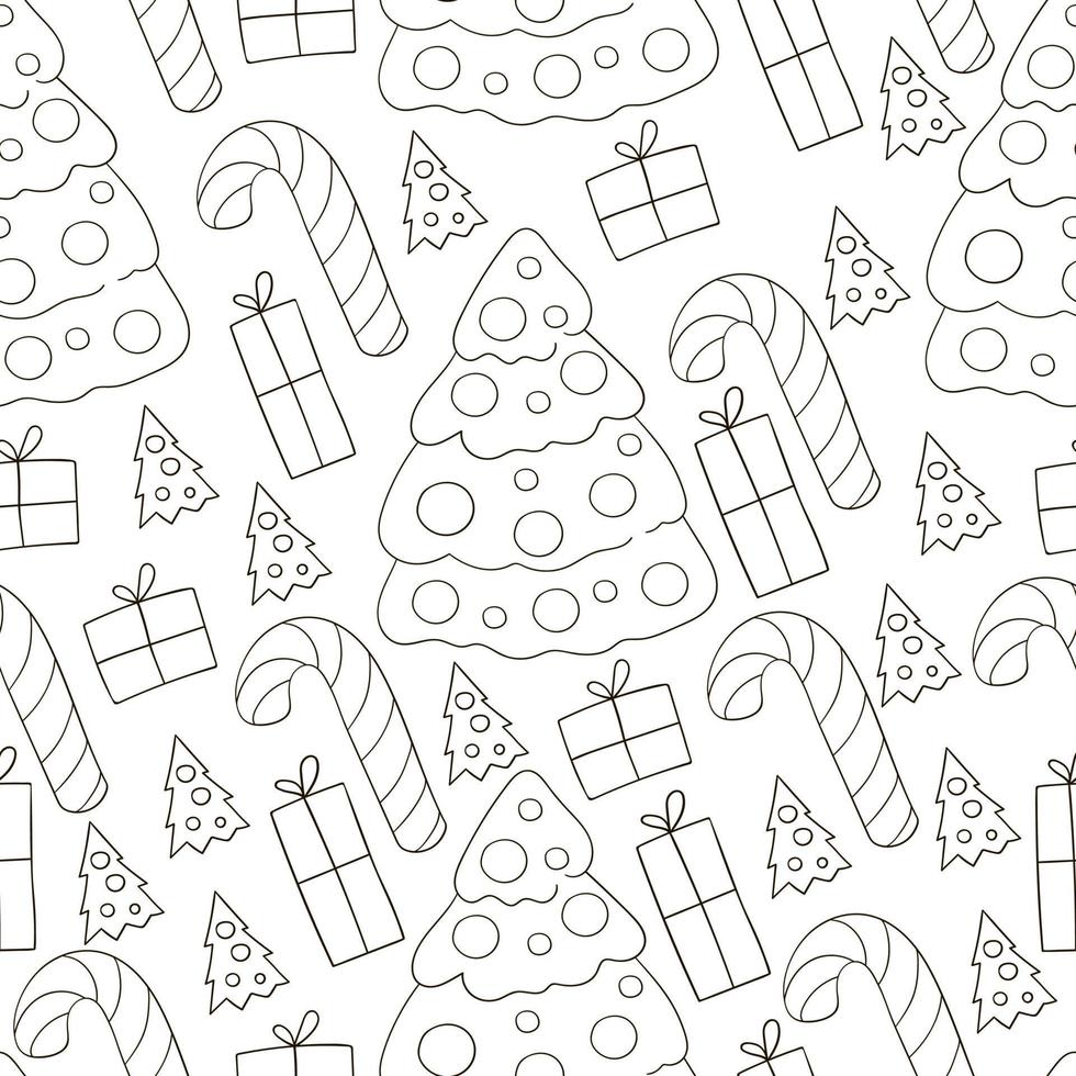 Coloring Pattern in hand draw style. Seamless vector pattern with Christmas tree decorations