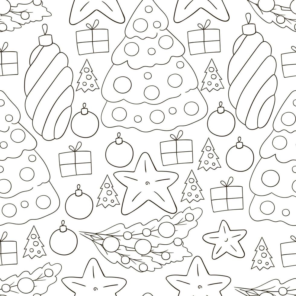 Coloring Pattern in hand draw style. Seamless vector pattern with Christmas tree decorations