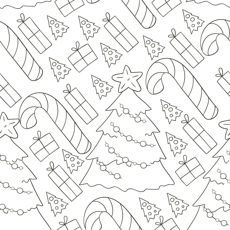 patrón de coloración en estilo de dibujo a mano. patrón de vector transparente con adornos para árboles de Navidad