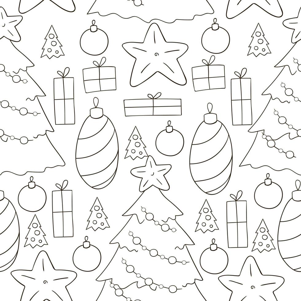 Coloring Pattern in hand draw style. Seamless vector pattern with Christmas tree decorations