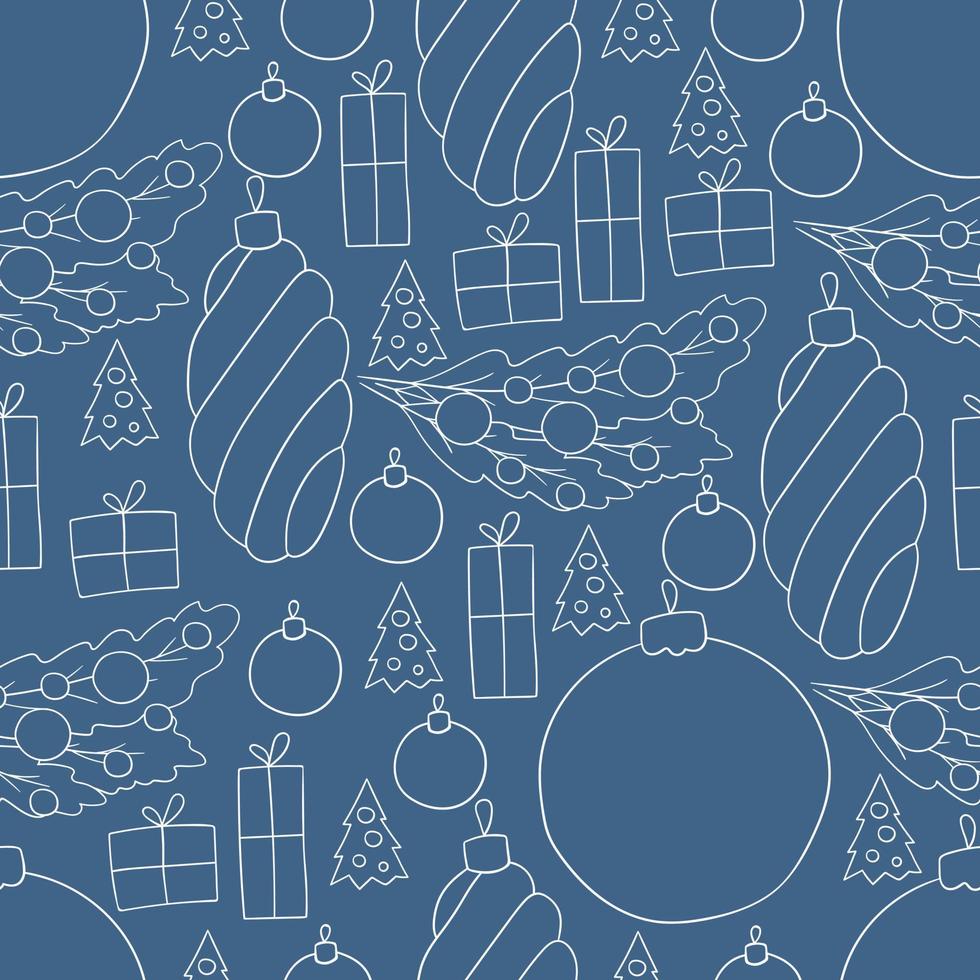 Pattern in hand draw style. Seamless vector pattern with stars, Christmas tree decorations. Can be used for fabric, packaging, wrapping and etc