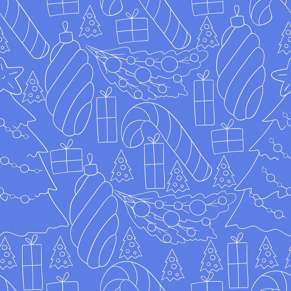 Pattern in hand draw style. Seamless vector pattern with stars, Christmas tree decorations. Can be used for fabric, packaging, wrapping and etc