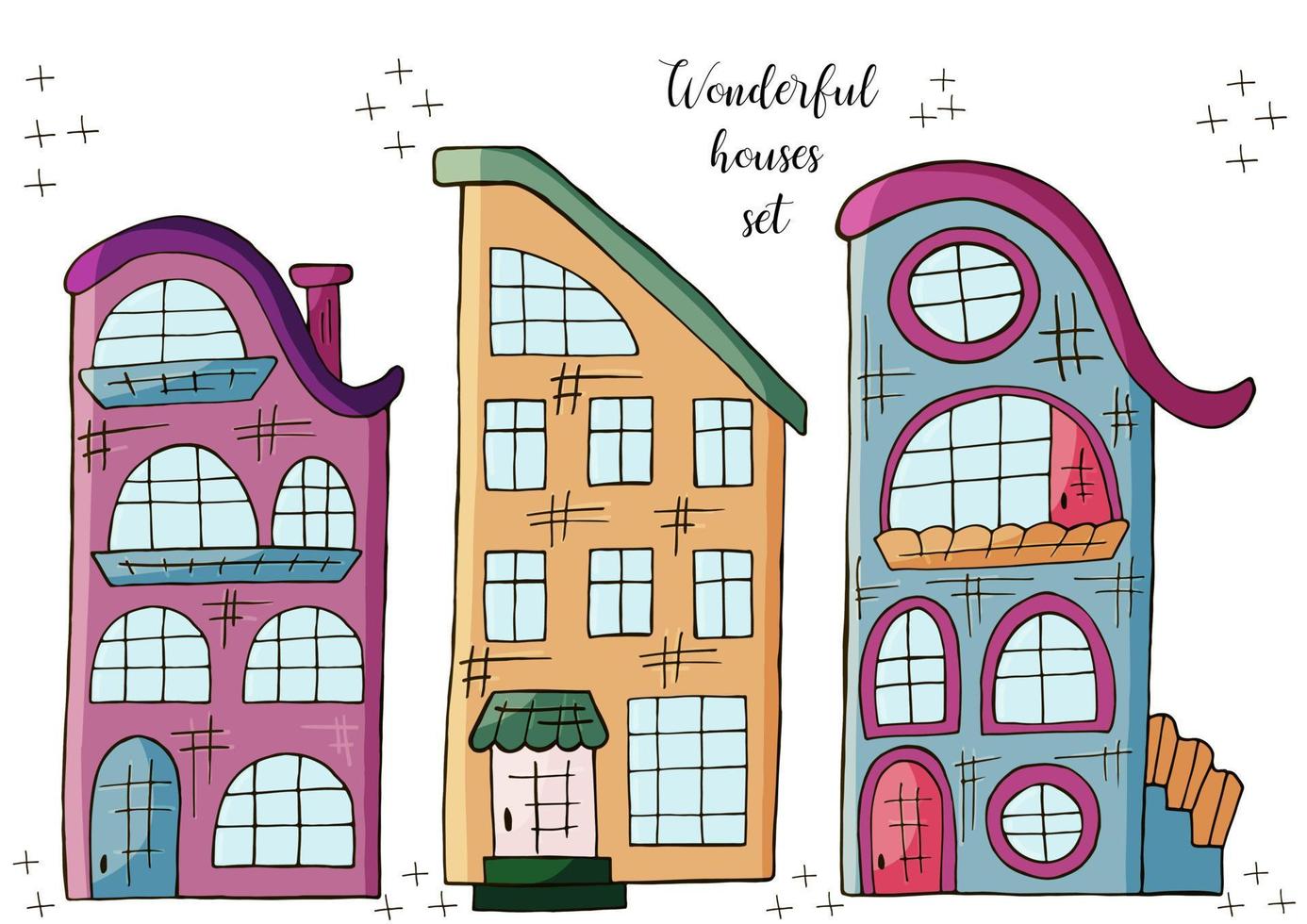 Set of illustrations of small houses in hand draw style. Collection of vector illustrations for your design. Lovely drawings