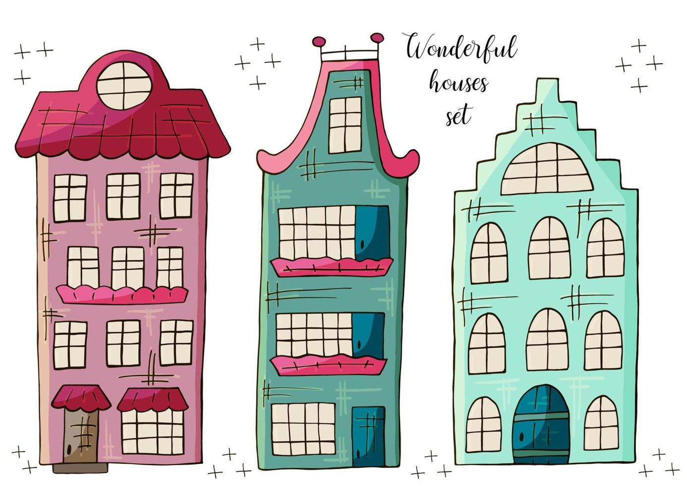 Set of illustrations of small houses in hand draw style. Collection of vector illustrations for your design. Lovely drawings